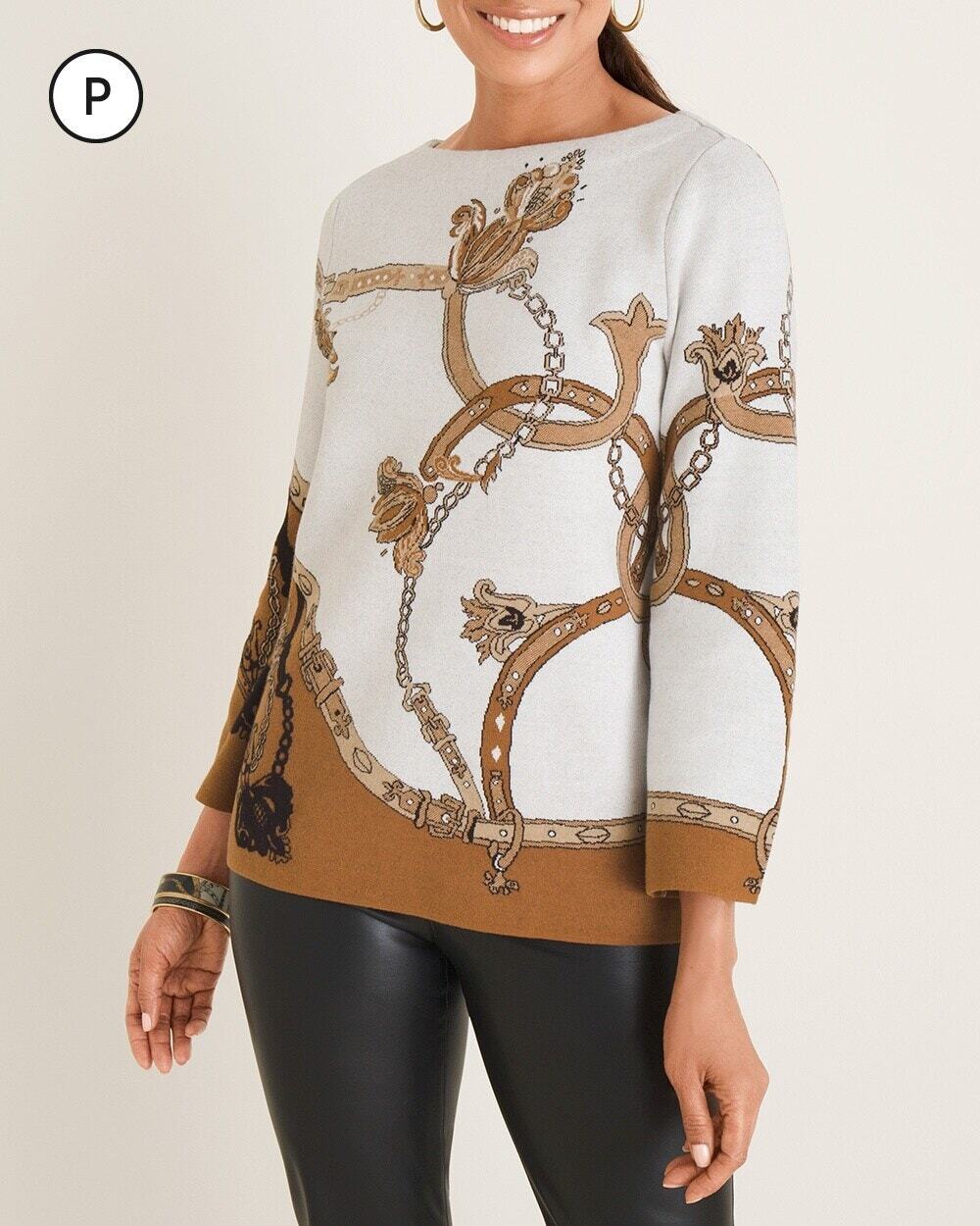 NEW Chicos Jacquard Boat Neck Printed Long Sleeve Sweater White Size L Petite